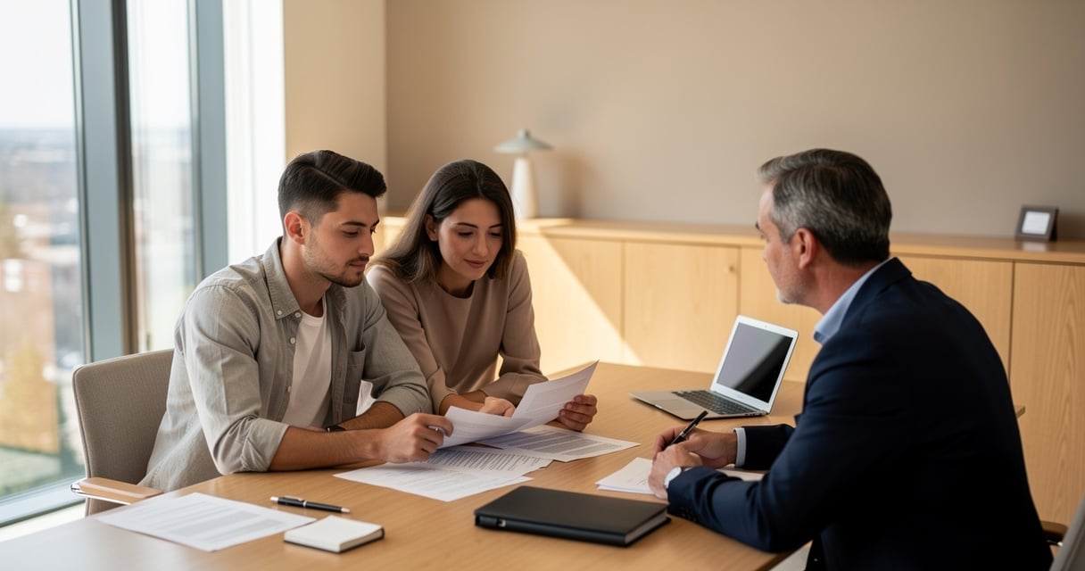 Couple consultant un conseiller pour leur contrat assurance emprunteur