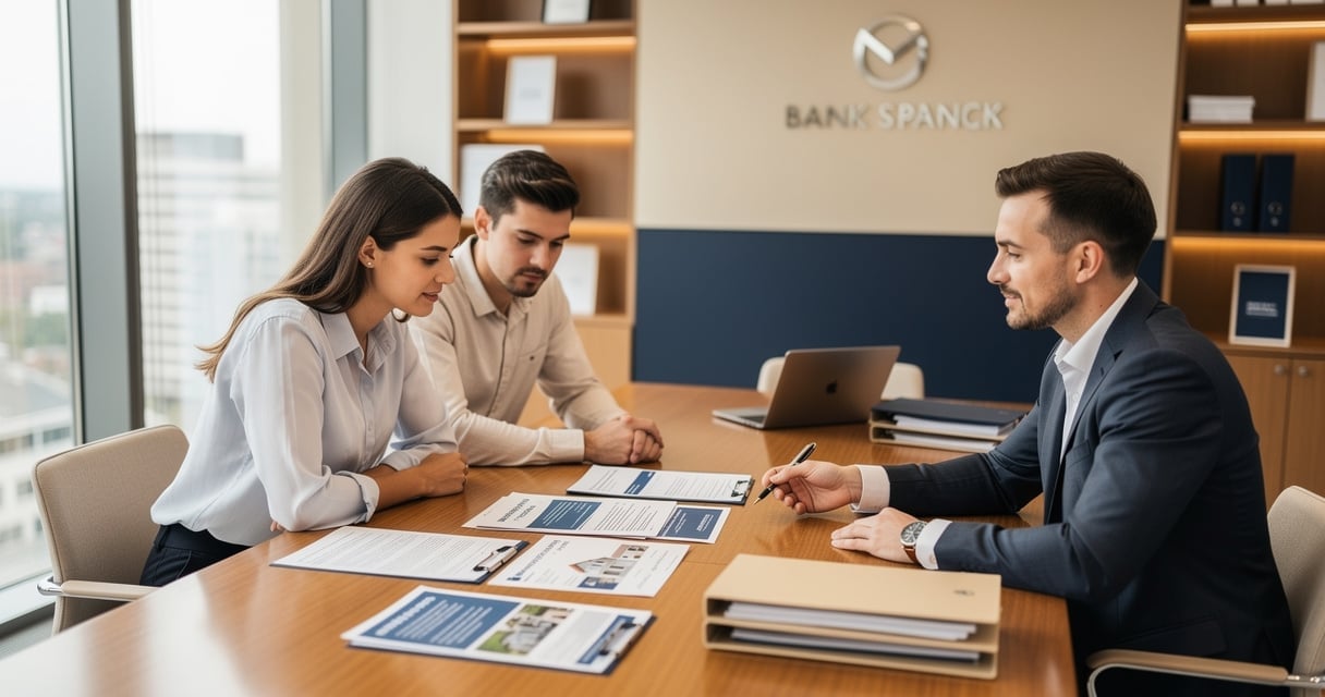 Couple discutant des exigences d'assurance habitation et de prêt immobilier avec un conseiller bancaire