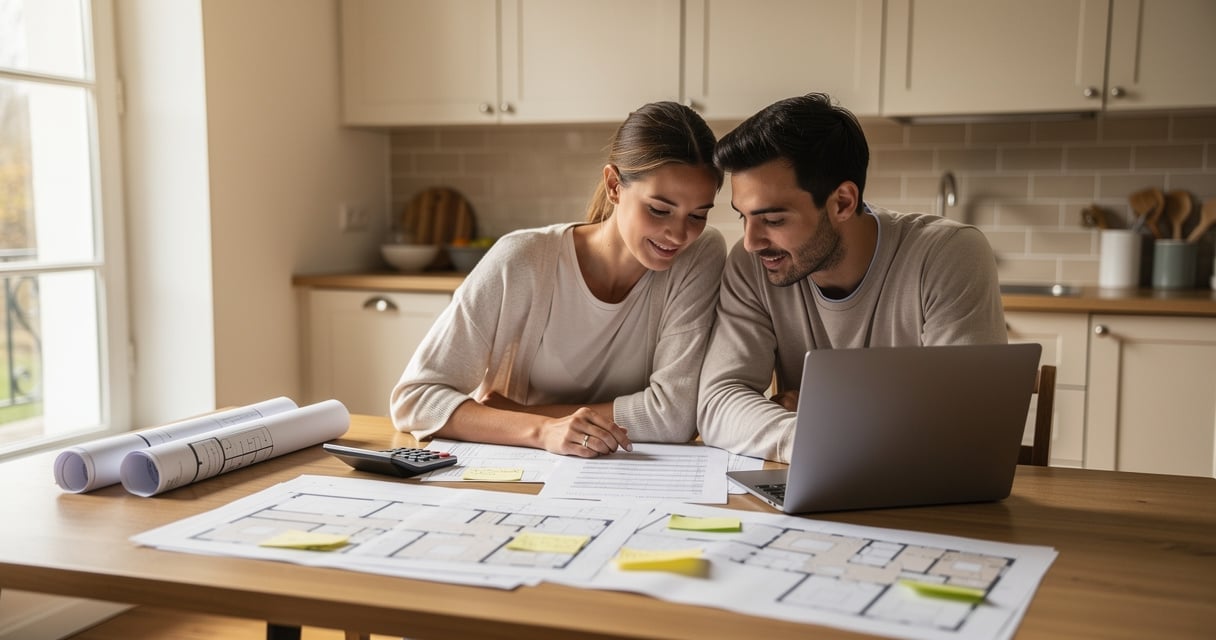 Couple analysant sa capacité d'emprunt en 2026 avec calculatrice et documents bancaires sur une table