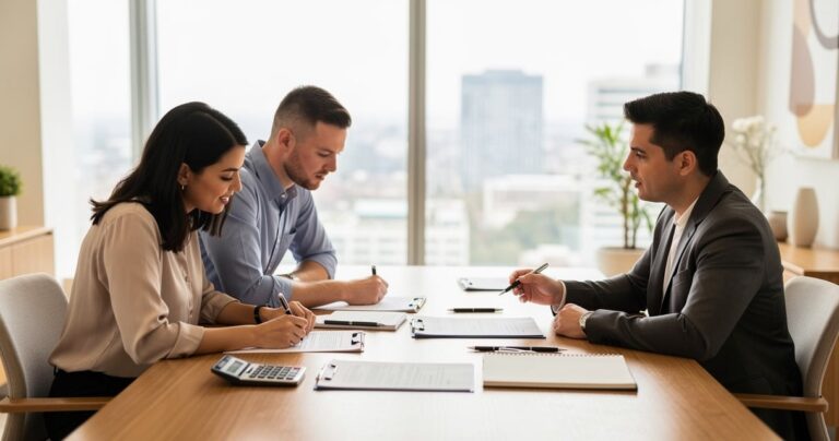 Couple étudiant les taux de prêt immobilier avec un conseiller bancaire