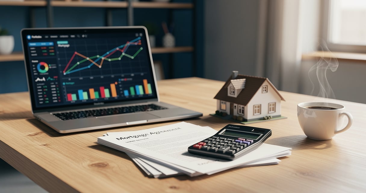 Bureau avec ordinateur, documents de prêt immobilier et calculatrice pour simulation de crédit
