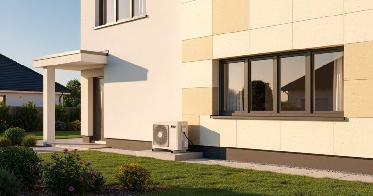 Maison rénovée avec pompe à chaleur et façade isolée après travaux