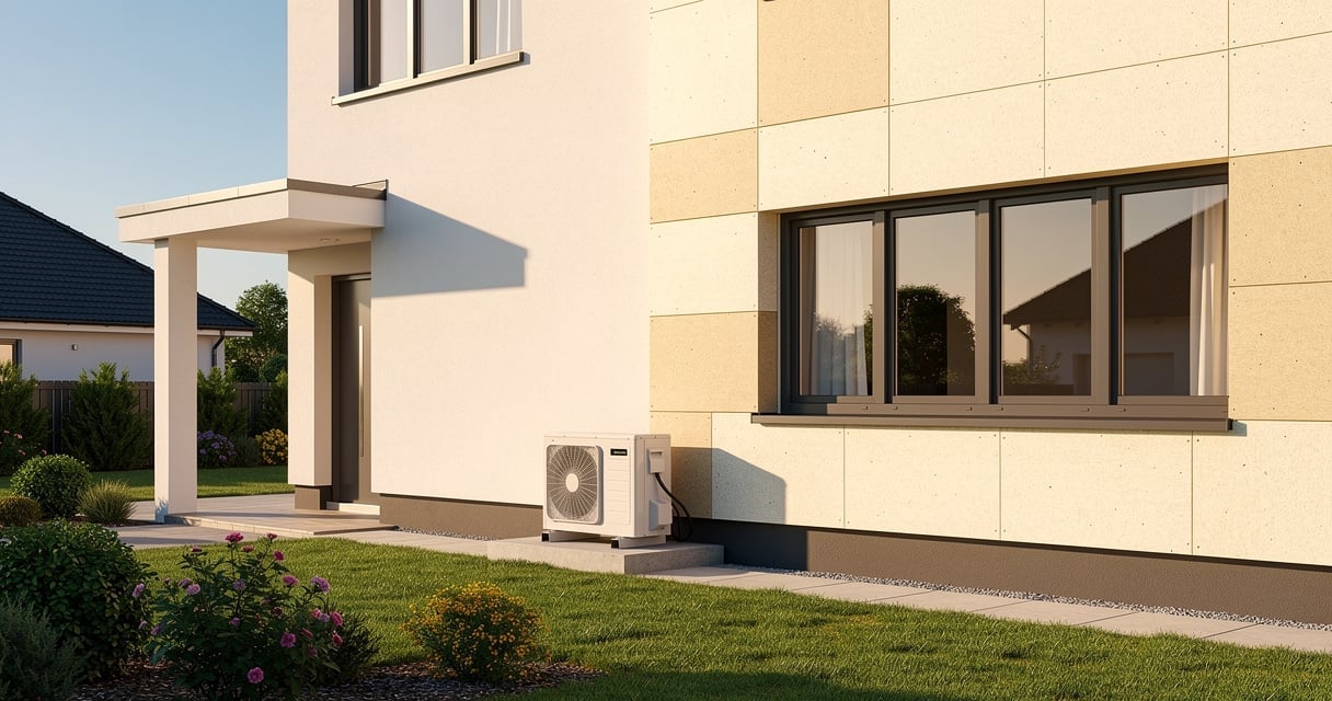 Maison rénovée avec pompe à chaleur et façade isolée après travaux