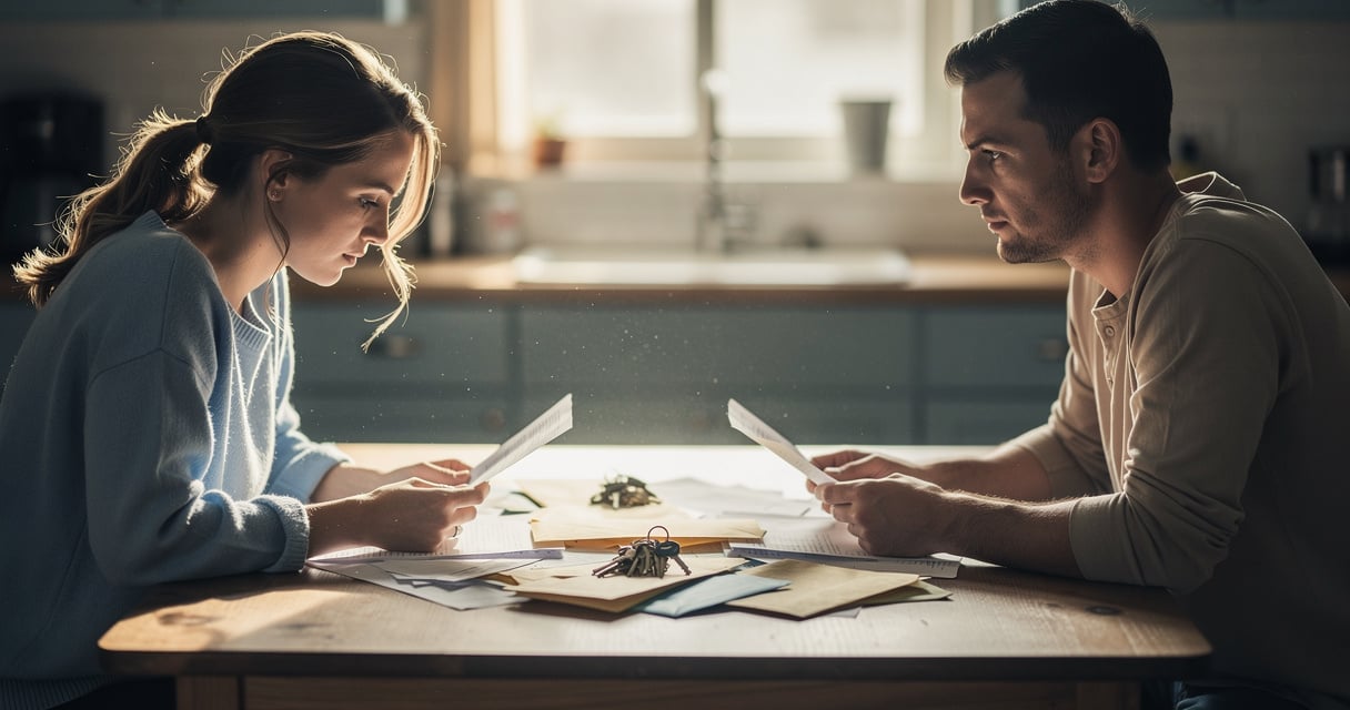 Couple triant des documents bancaires et des clés de maison sur une table en bois