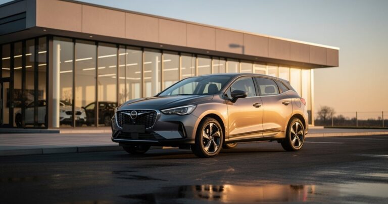 Voiture compacte stationnee devant une concession moderne au coucher du soleil