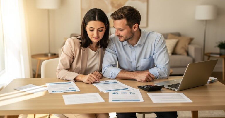 Couple examinant un contrat d'assurance emprunteur sur leur bureau