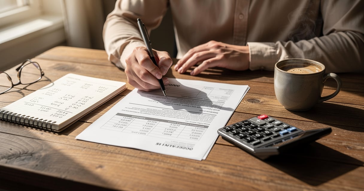 Personne examinant un dossier de micro-crédit avec calculatrice et budget sur un bureau
