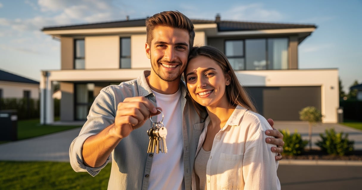 Couple souriant tenant les clés de leur nouvelle maison après obtention du prêt Action Logement