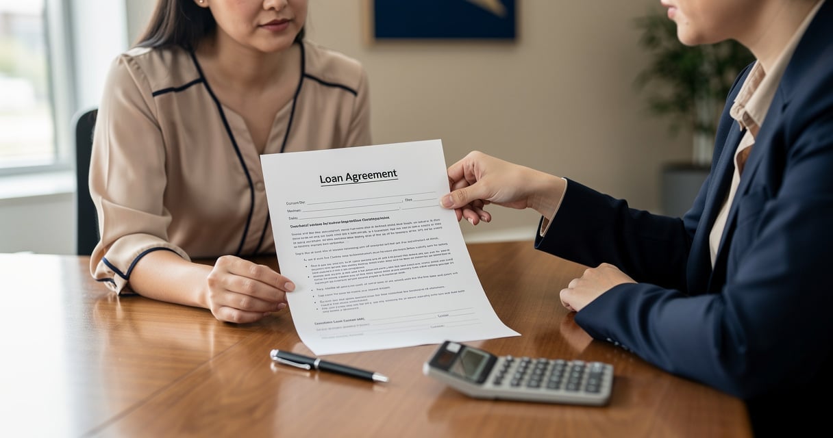 Deux personnes signant un contrat de prêt entre particuliers sur une table en bois