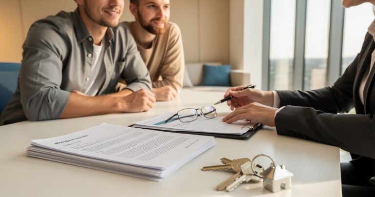 Couple étudiant un dossier de prêt relais immobilier avec un conseiller bancaire