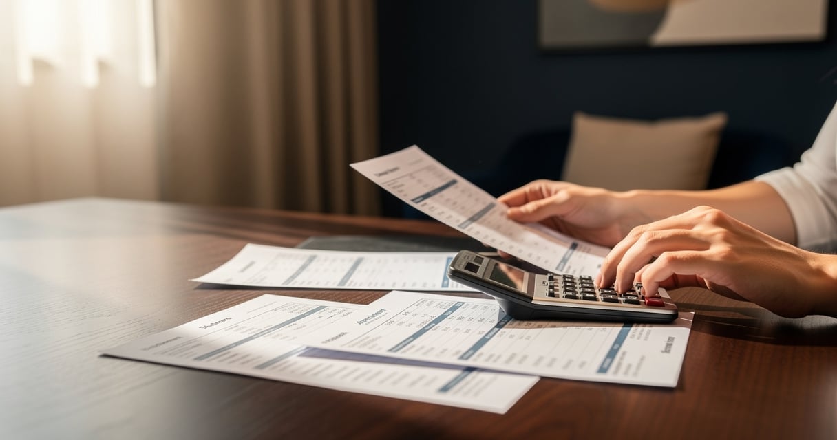 Personne calculant la rentabilité d un rachat de crédit avec relevés bancaires et calculatrice