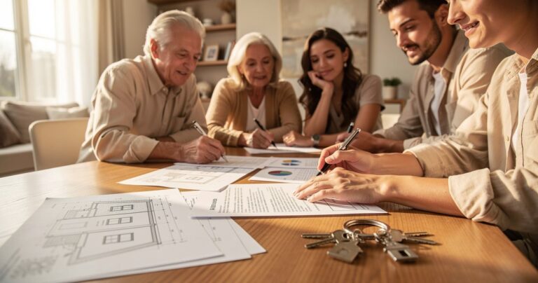 Reunion familiale autour de documents immobiliers pour un projet de SCI familiale