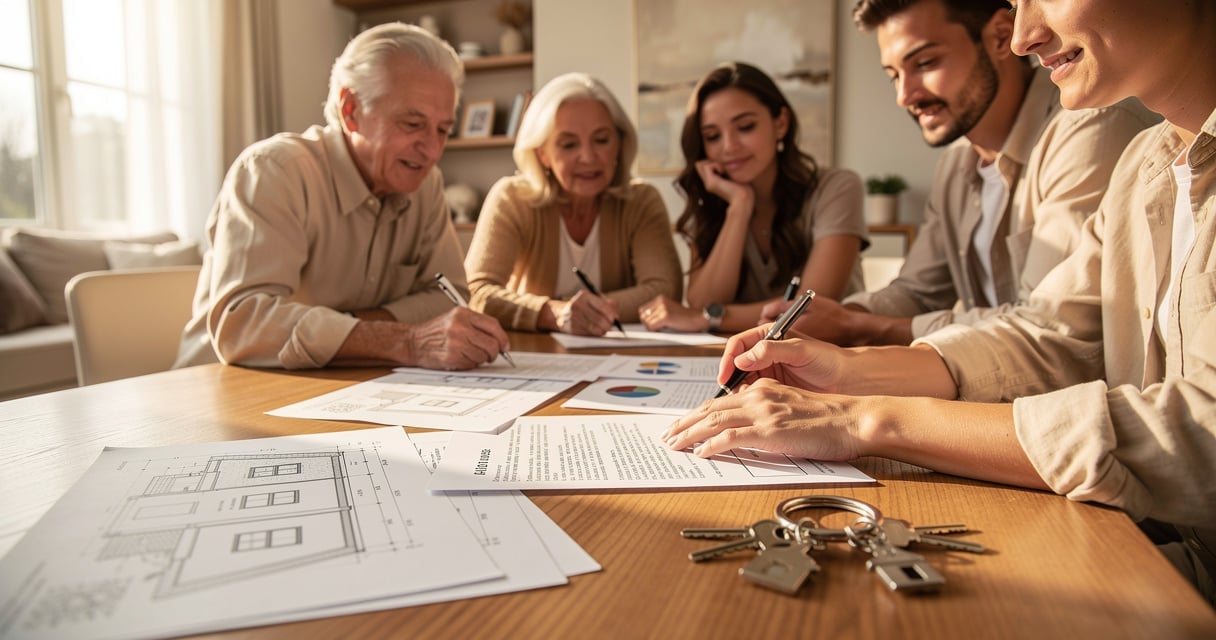 Reunion familiale autour de documents immobiliers pour un projet de SCI familiale