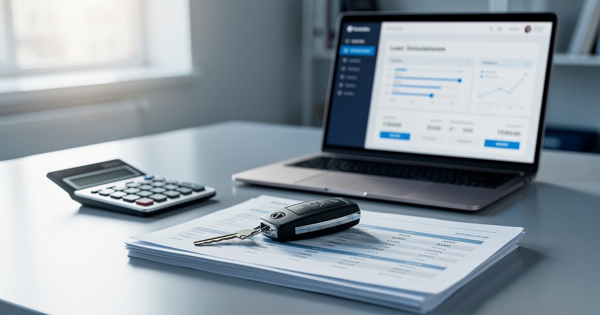 Simulation de crédit auto sur un bureau avec clé de voiture et ordinateur