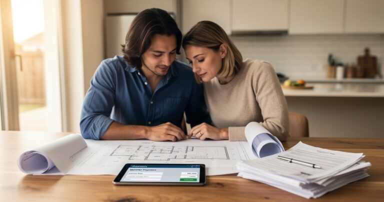 Couple comparant une simulation de crédit travaux sur tablette avec des plans de rénovation