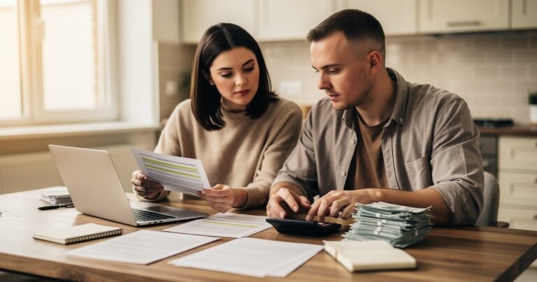 Couple calculant leur taux d'endettement avant un achat immobilier