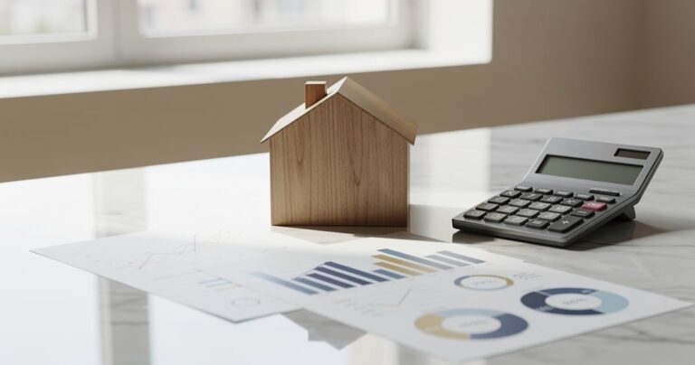 Maquette de maison et calculatrice posées sur un bureau pour simuler un crédit